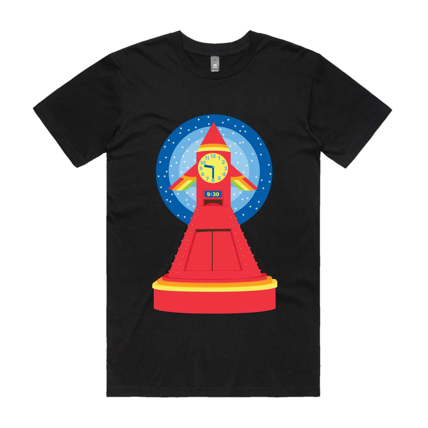 Black Unisex Fit T-Shirt with Play School Rocket Clock Design on Front