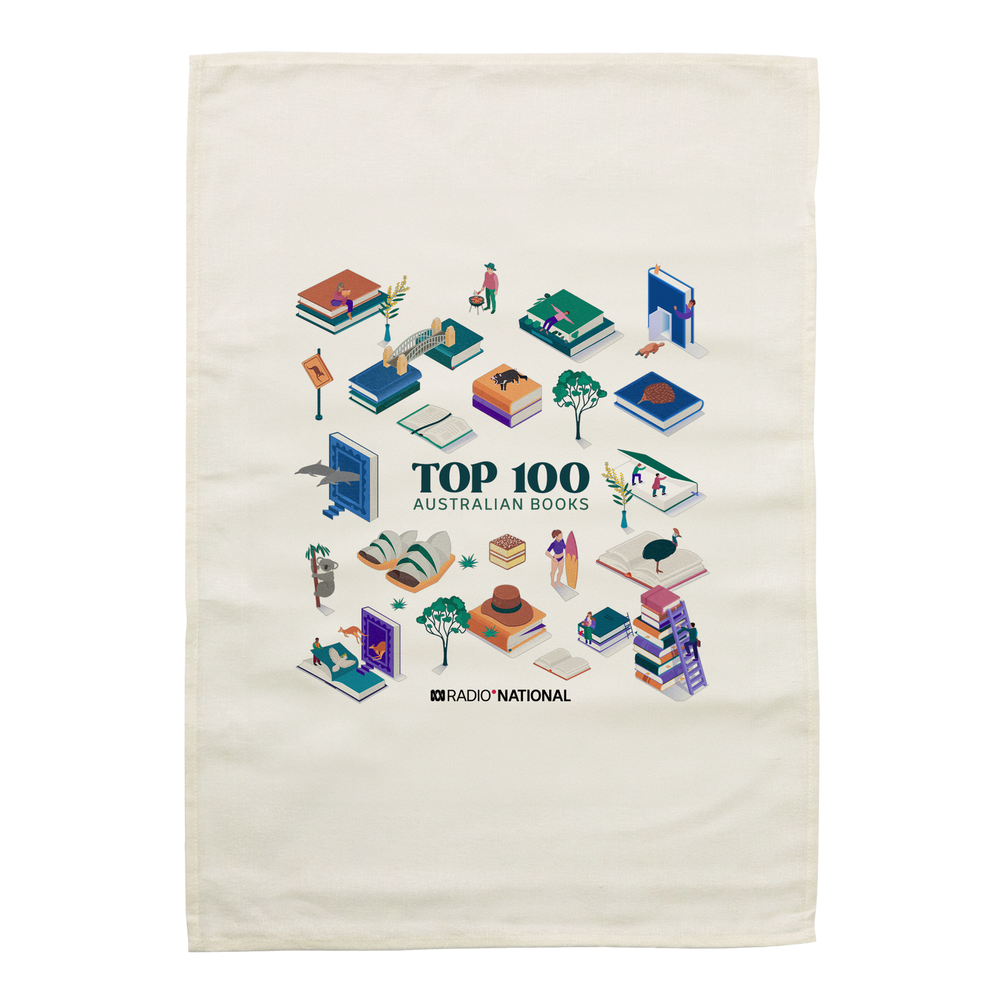 Top 100 Australian Books - Collage Tea Towel Cream — Cream front
