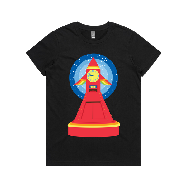 Black Womens Fit T-Shirt with Play SchoolRocket Clock Design on Front