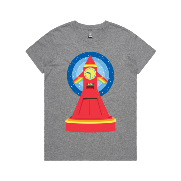 Grey Marle Womens Fit T-Shirt with Play SchoolRocket Clock Design on Front