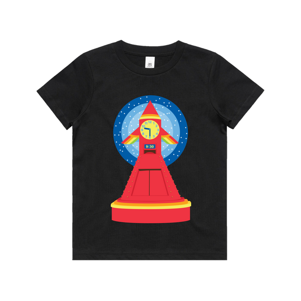 Black Kids T-Shirt with Play School Rocket Clock Design on Front