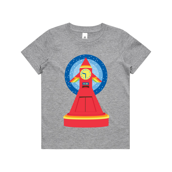 Grey Marle Kids T-Shirt with Play School Rocket Clock Design on Front