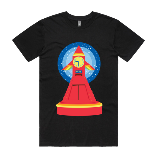 Black Unisex Fit T-Shirt with Play School Rocket Clock Design on Front