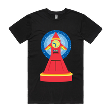 Load image into Gallery viewer, Black Unisex Fit T-Shirt with Play School Rocket Clock Design on Front
