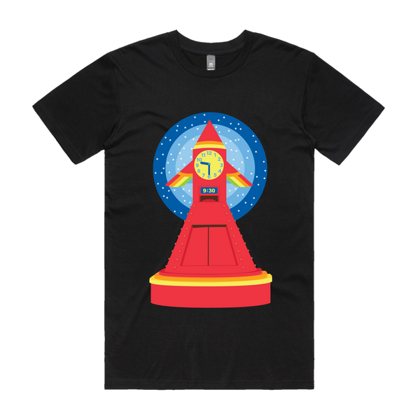 Black Unisex Fit T-Shirt with Play School Rocket Clock Design on Front