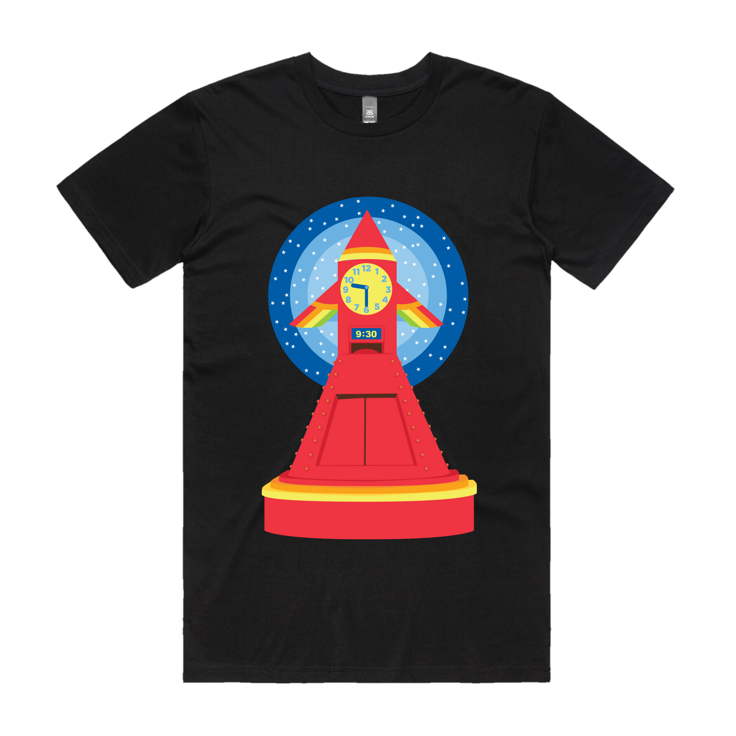 Black Unisex Fit T-Shirt with Play School Rocket Clock Design on Front