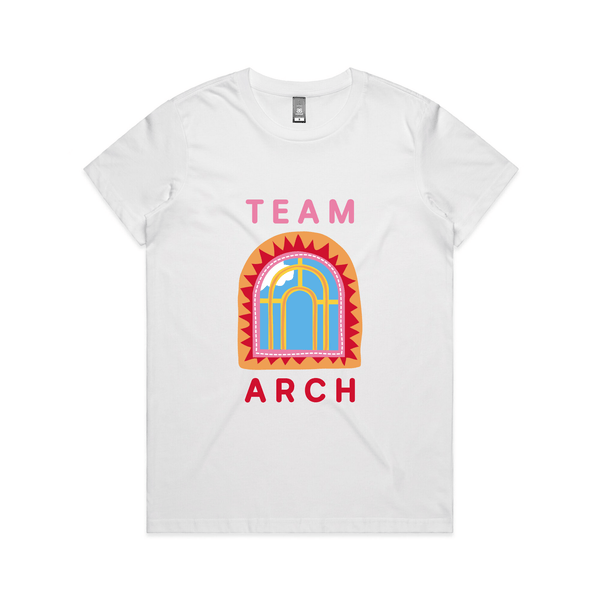 White Womens Fit T-Shirt with Play School Team Arch Design on Front