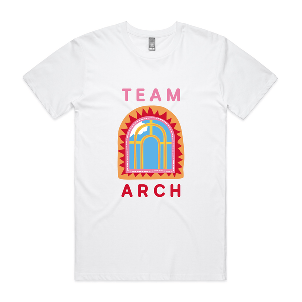 White Unisex T-Shirt with Play School Team Arch Design on Front