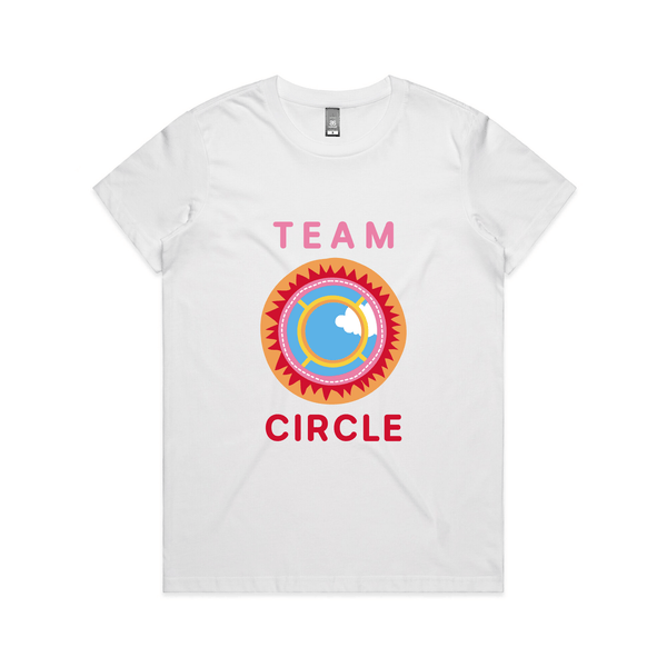 White Womens Fit T-Shirt with Play School Team Circle Design on Front