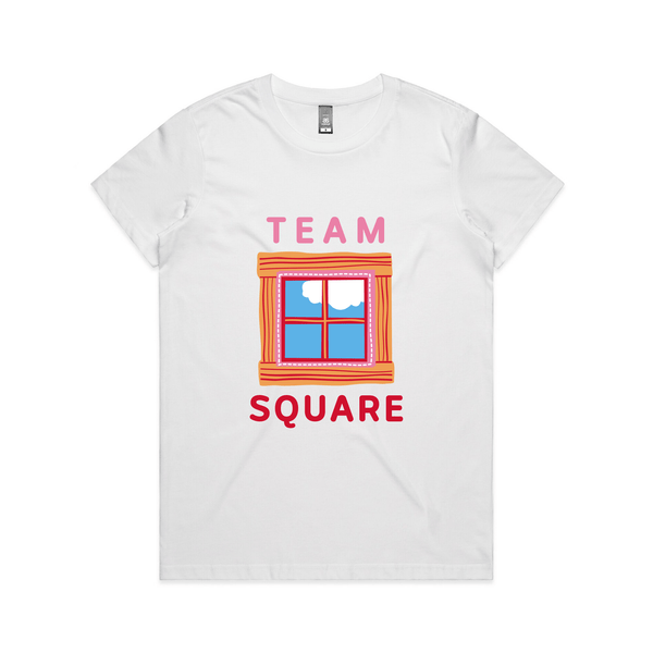White Womens Fit T-Shirt with Play School Team Square Design on Front