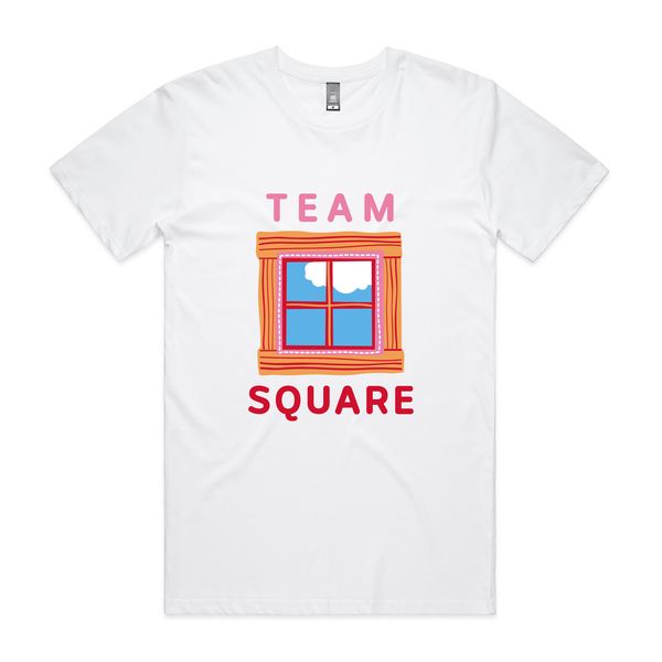 White Unisex T-Shirt with Play School Team Square Design on Front