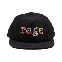 Load image into Gallery viewer, Black Corduroy Cap with full colour Embroidered Rage Logo
