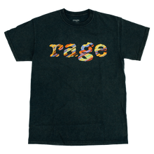 Load image into Gallery viewer, Black Vintage Wash Unisex T-Shirt with multicolour Rage Logo on Front

